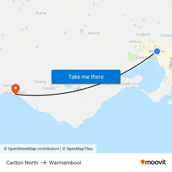 Carlton North to Warrnambool map