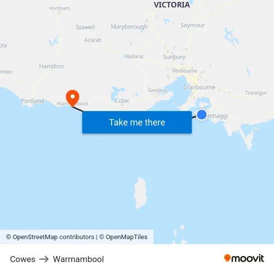 Cowes to Warrnambool map