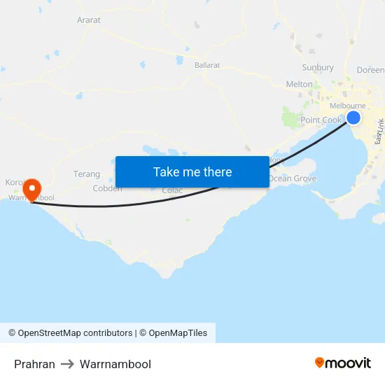 Prahran to Warrnambool map