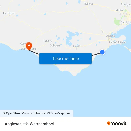 Anglesea to Warrnambool map