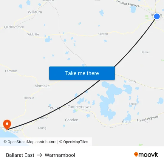 Ballarat East to Warrnambool map