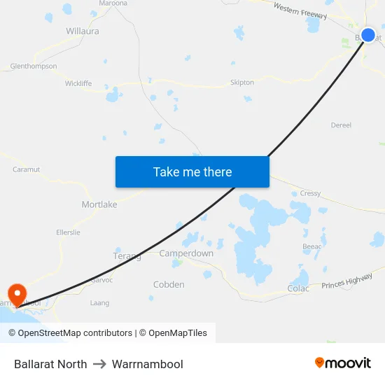 Ballarat North to Warrnambool map