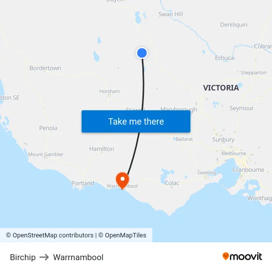 Birchip to Warrnambool map