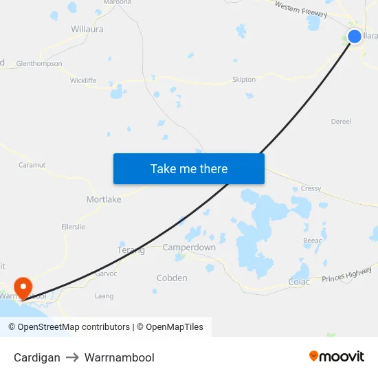 Cardigan to Warrnambool map