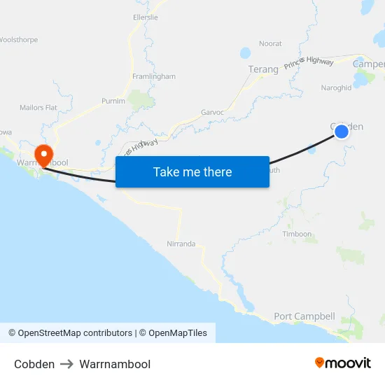 Cobden to Warrnambool map