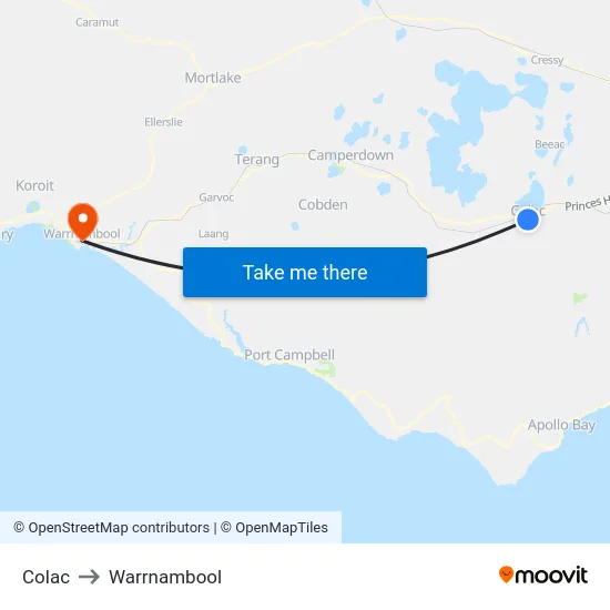 Colac to Warrnambool map