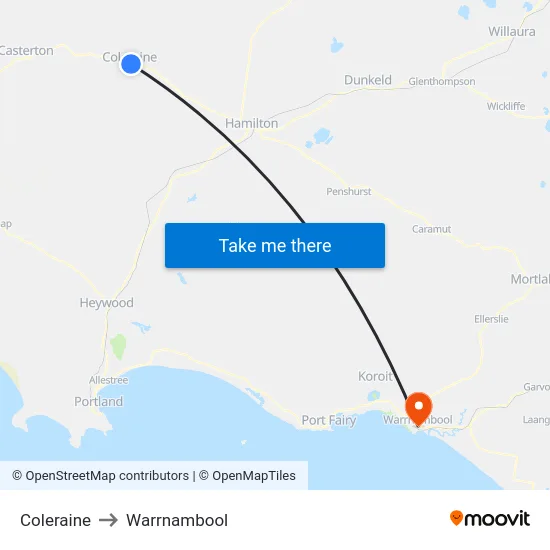 Coleraine to Warrnambool map