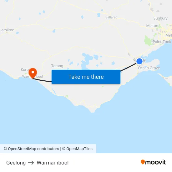 Geelong to Warrnambool map