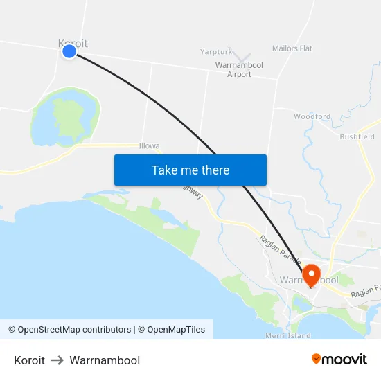 Koroit to Warrnambool map