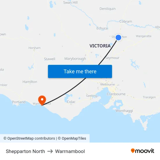 Shepparton North to Warrnambool map