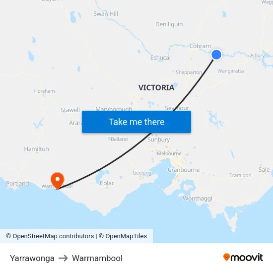 Yarrawonga to Warrnambool map