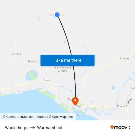 Woolsthorpe to Warrnambool map