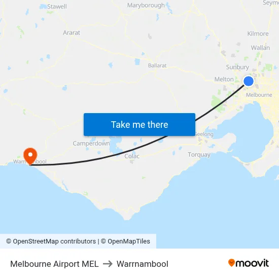 Melbourne Airport MEL to Warrnambool map