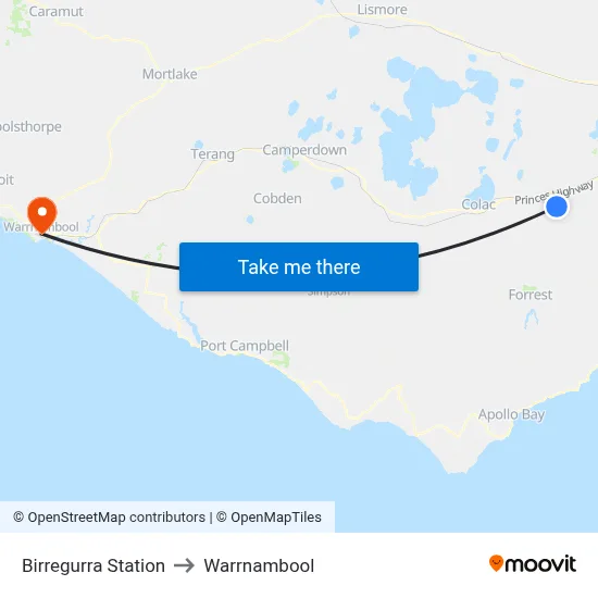 Birregurra Station to Warrnambool map