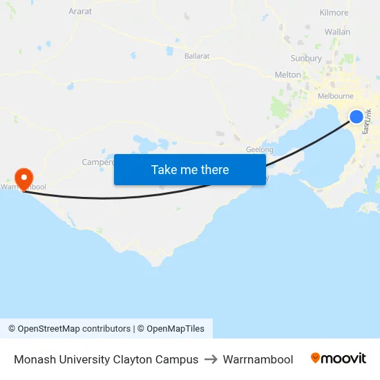 Monash University Clayton Campus to Warrnambool map