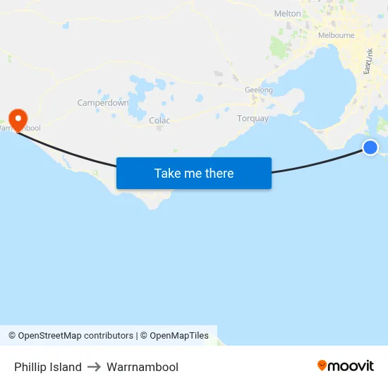 Phillip Island to Warrnambool map