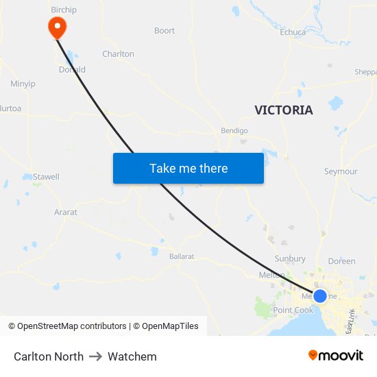 Carlton North to Watchem map