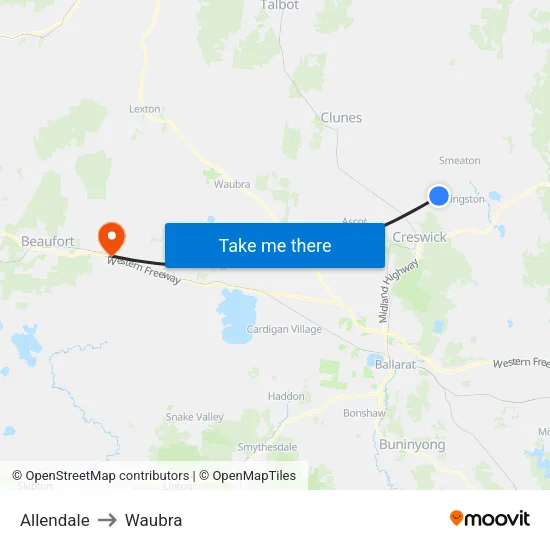 Allendale to Waubra map