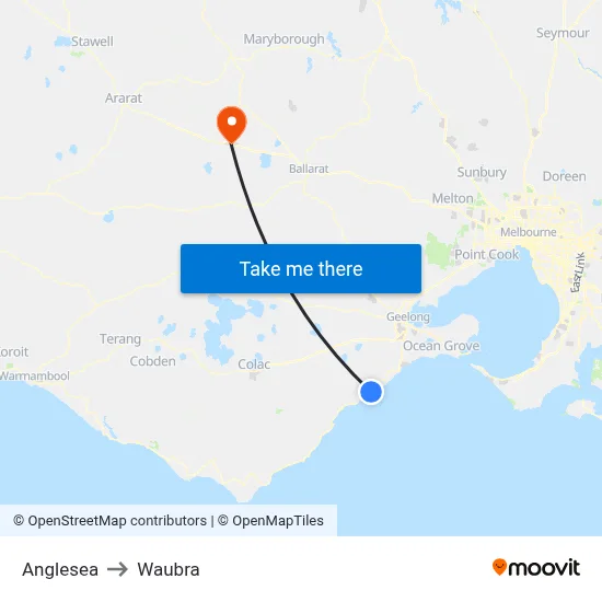 Anglesea to Waubra map