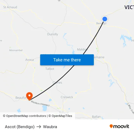 Ascot (Bendigo) to Waubra map