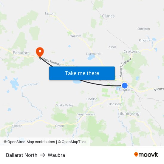 Ballarat North to Waubra map