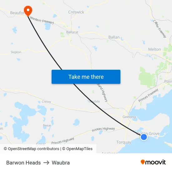 Barwon Heads to Waubra map