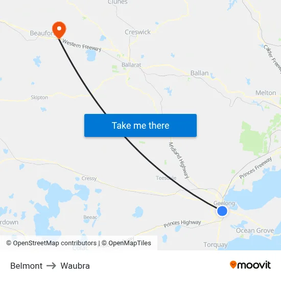 Belmont to Waubra map