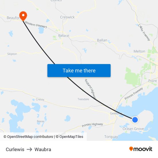 Curlewis to Waubra map
