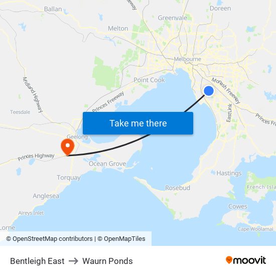 Bentleigh East to Waurn Ponds map