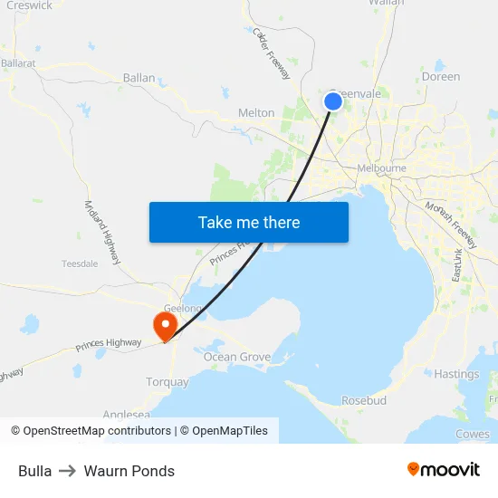 Bulla to Waurn Ponds map