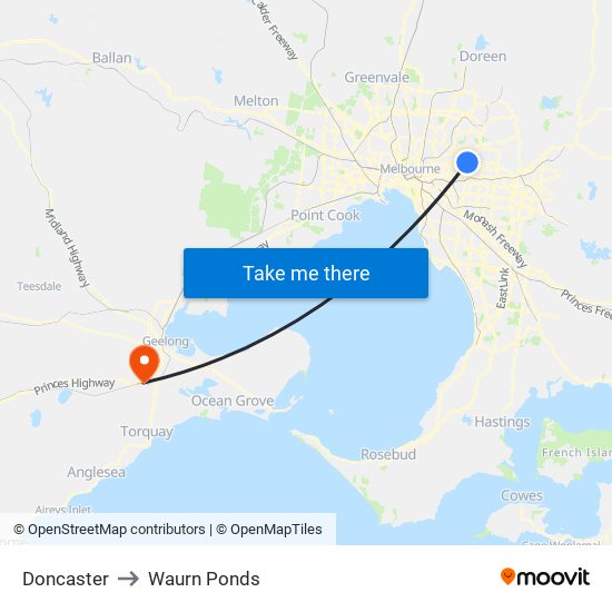 Doncaster to Waurn Ponds map