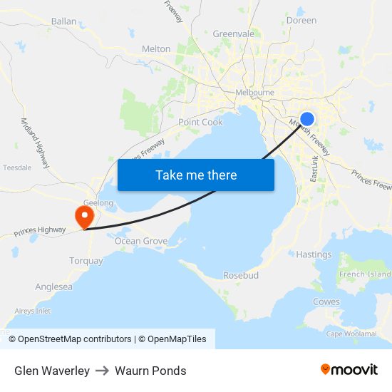 Glen Waverley to Waurn Ponds map