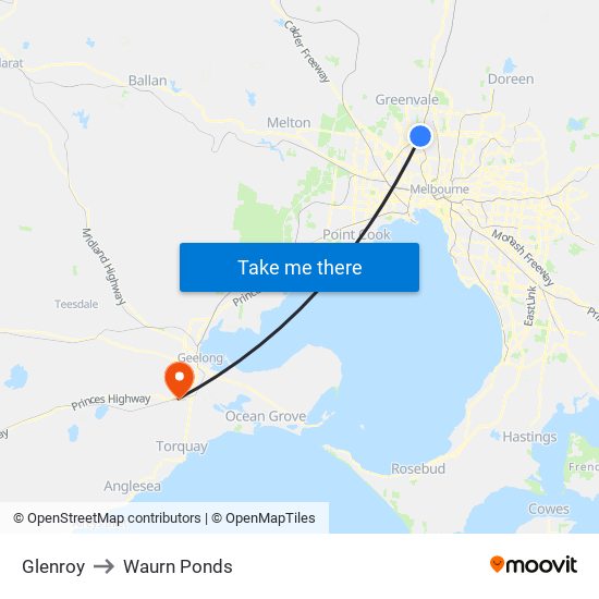 Glenroy to Waurn Ponds map