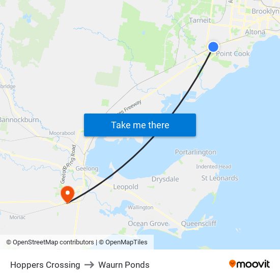 Hoppers Crossing to Waurn Ponds map