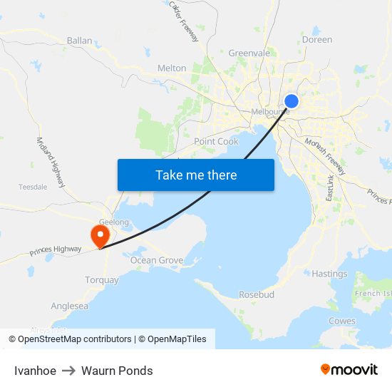 Ivanhoe to Waurn Ponds map