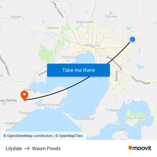 Lilydale to Waurn Ponds map