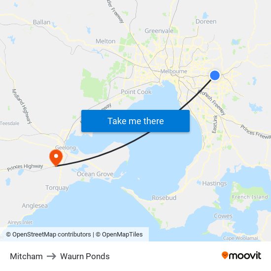 Mitcham to Waurn Ponds map