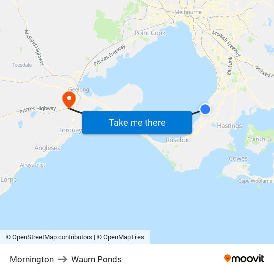 Mornington to Waurn Ponds map