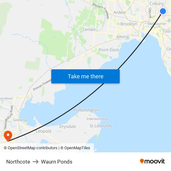 Northcote to Waurn Ponds map