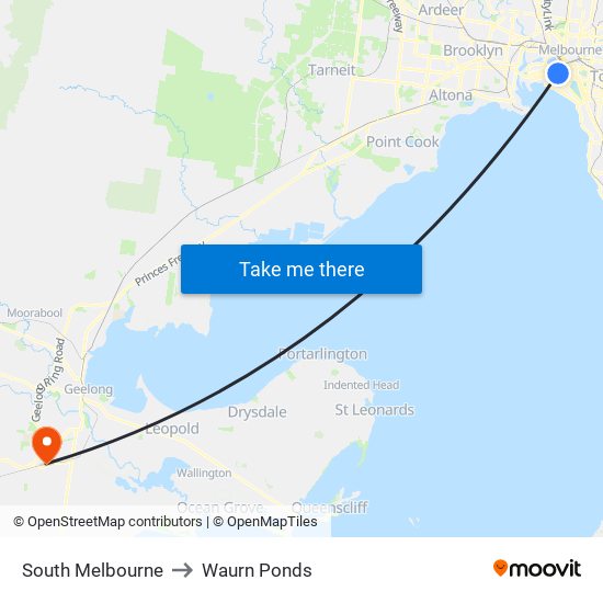 South Melbourne to Waurn Ponds map