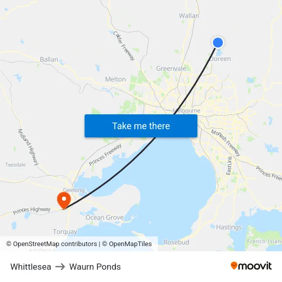 Whittlesea to Waurn Ponds map