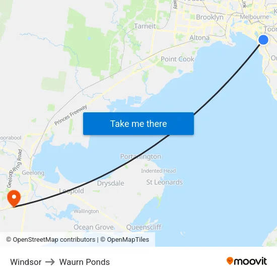 Windsor to Waurn Ponds map