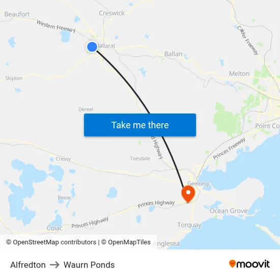Alfredton to Waurn Ponds map
