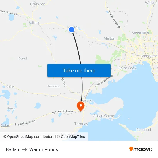 Ballan to Waurn Ponds map