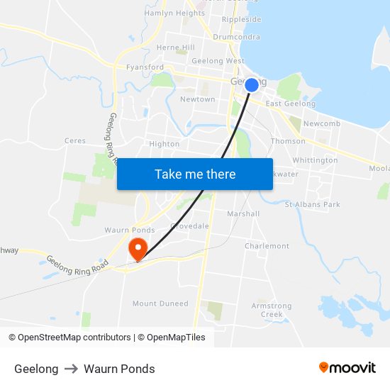 Geelong to Waurn Ponds map