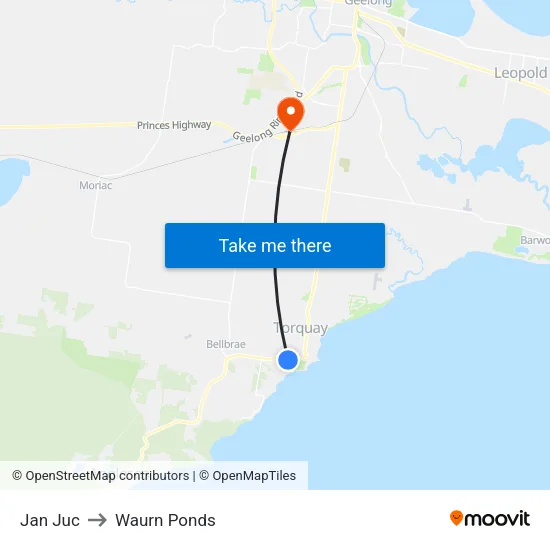 Jan Juc to Waurn Ponds map