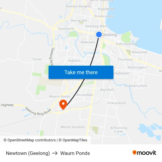 Newtown (Geelong) to Waurn Ponds map
