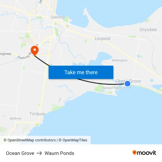 Ocean Grove to Waurn Ponds map