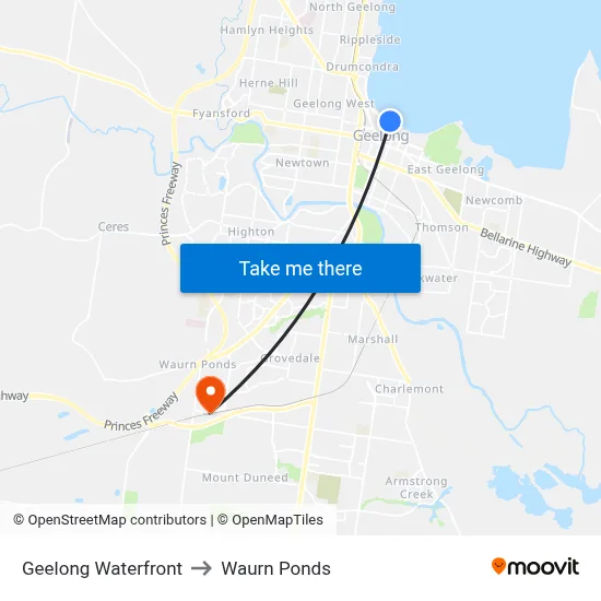 Geelong Waterfront to Waurn Ponds map