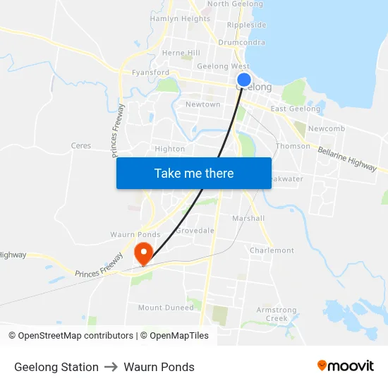 Geelong Station to Waurn Ponds map